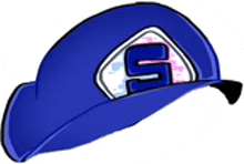 a cartoon drawing of a blue hat with the letter s on it .
