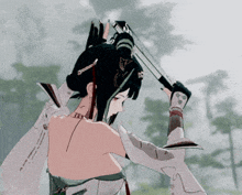 a girl in a white dress is holding a sword in her hand