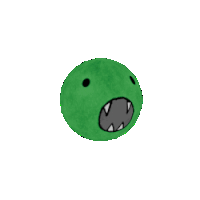 a cartoon drawing of a green ball with fangs
