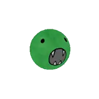 a cartoon drawing of a green ball with fangs