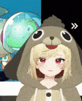 a girl is wearing a hoodie that looks like a dog ..