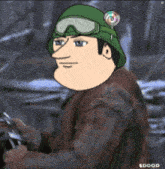 a cartoon of a man wearing a green helmet and goggles with a lollipop on his head