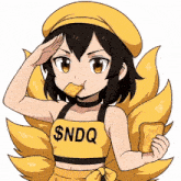 a girl wearing a yellow top that says $ ndq