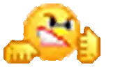 a pixel art of an angry smiley face with a fist in the air .