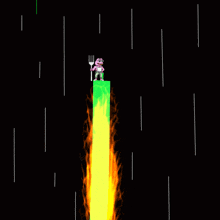 a cartoon character with a fork in his hand is on a green and yellow flame