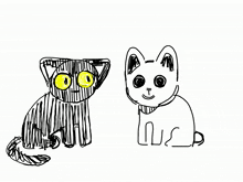 a black cat and a white cat with yellow eyes are sitting next to each other
