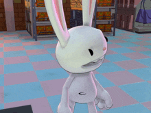 a cartoon rabbit is standing in front of a shelf with boxes of peanut butter and jelly