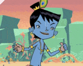 a blue cartoon character with a peacock feather on his head gives a thumbs up