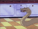 a cartoon snake is standing on a checkered floor