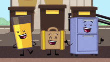 a cartoon drawing of a glass of orange juice a suitcase and a purple drawer