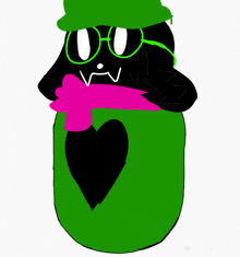 a drawing of a green cartoon character with glasses and a pink scarf around his neck