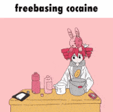 a cartoon of a girl making cocaine with a rabbit on her head