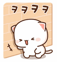 a cartoon cat is leaning against a brick wall and smiling .