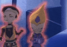 two cartoon characters are standing next to each other in a room with red glowing lines around them .