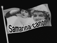 a black and white photo of two women with the words samarina canon on it