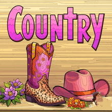 a pair of pink cowboy boots and a pink cowboy hat are on a wooden table under the word country
