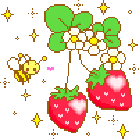 a pixel art drawing of strawberries and flowers with a bee