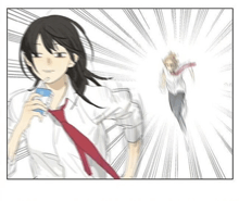 a man is running away from a woman who is holding a can of soda in her hand .