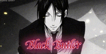 a black and white drawing of a man in a suit and tie with the name black butler written in red letters
