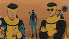a group of cartoon characters are standing in a field