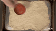 a person is pouring tomato sauce on a pizza dough .
