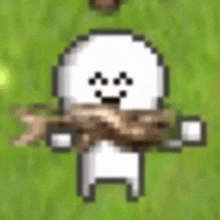 a pixel art character is holding a piece of wood in his hands .