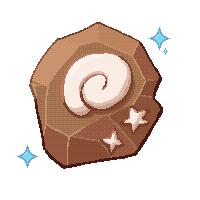 a pixel art illustration of a rock with a spiral and stars on it