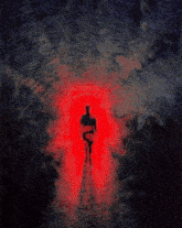 a painting of a person walking through a red door