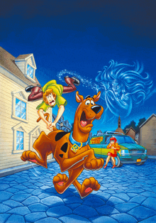 scooby doo and shaggy are running from a ghost in a painting