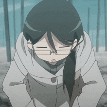 a girl with glasses and a ponytail is wearing a white coat