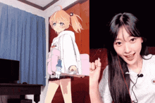 a girl is holding a piece of paper in front of a picture of a girl