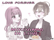 a drawing of a girl feeding a piece of cake to another girl with the words love forever mikomania in love