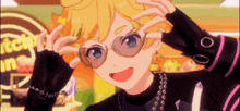 a cartoon character wearing heart shaped sunglasses makes a heart with his hands