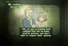 a screen shows a man pointing at a picture of a girl and the words irl loading screens