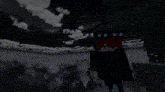 a pixelated image of a person standing in front of a cloudy sky