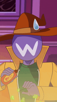 a cartoon character with a hat and a letter w on his head