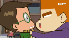 a cartoon of a boy with glasses talking to another boy with red hair
