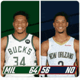 two basketball players from the bucks and new orleans are standing next to each other