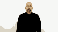 a bald man with a beard is wearing a black turtleneck and making a hand gesture on his forehead .