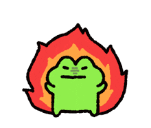 a green frog is standing in front of a fire ..