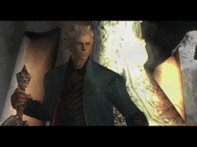 a man in a blue jacket is holding a stick