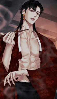 a man in a red kimono is holding chopsticks