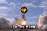 a rocket is being launched with the words " to the moon " written on the bottom