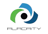 a logo for alacrity shows a green and blue swirl