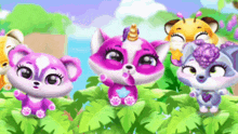 a group of cartoon animals are standing in a jungle .
