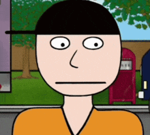 a cartoon of a man wearing a hat and an orange shirt making a funny face
