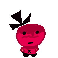 a cartoon drawing of a red object with a black triangle on it 's head