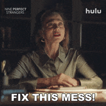an advertisement for nine perfect strangers shows an older woman sitting at a desk
