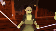 a cartoon character is holding two lightsabers