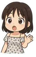 a cartoon drawing of a girl in a floral dress waving her hand